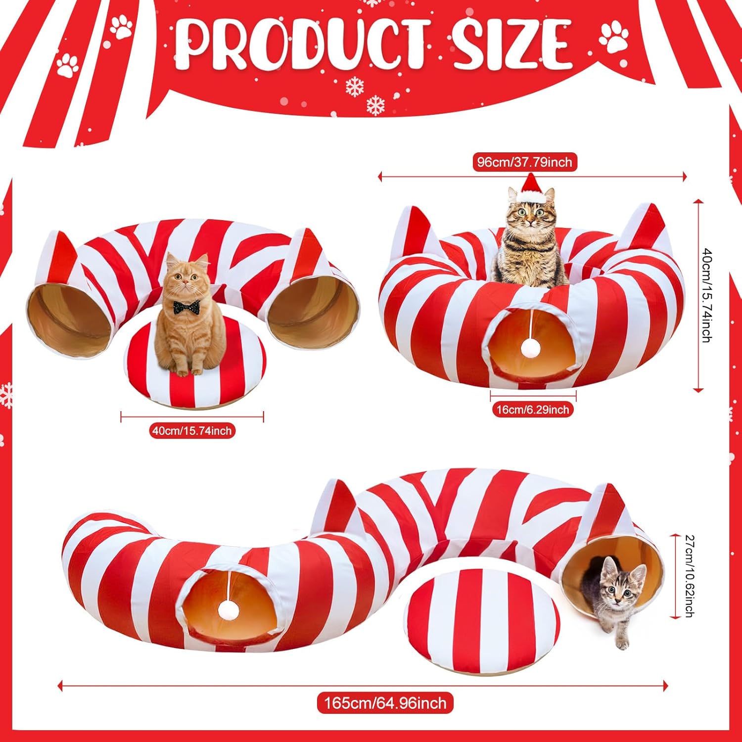 Cat Tunnel Bed with Christmas Tree Skirt, Cat Beds for Indoor Cats Tunnels with Toy Ball, Red and White Christmas Decorations Donut Tunnels for Cat Supplies Small Large Cats and Small Animals